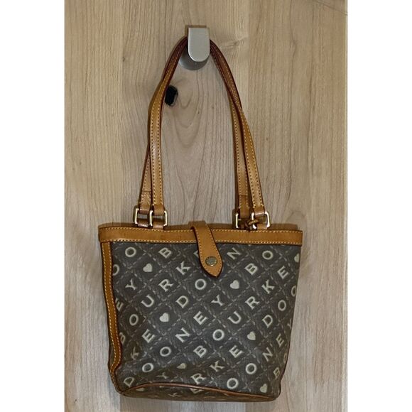 Dooney & Bourke Brown Crossword Pattern Bucket Shoulder Bag - Picture 1 of 8